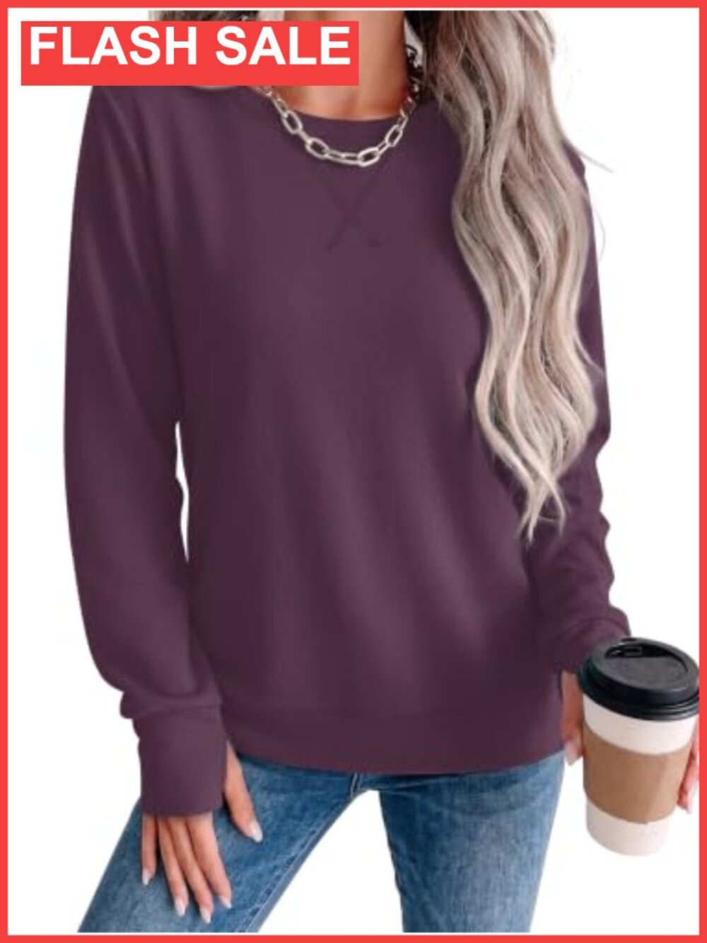 Womens Crewneck Sweatshirt Long Sleeve Thumb Hole Pullover Casual Fall Top